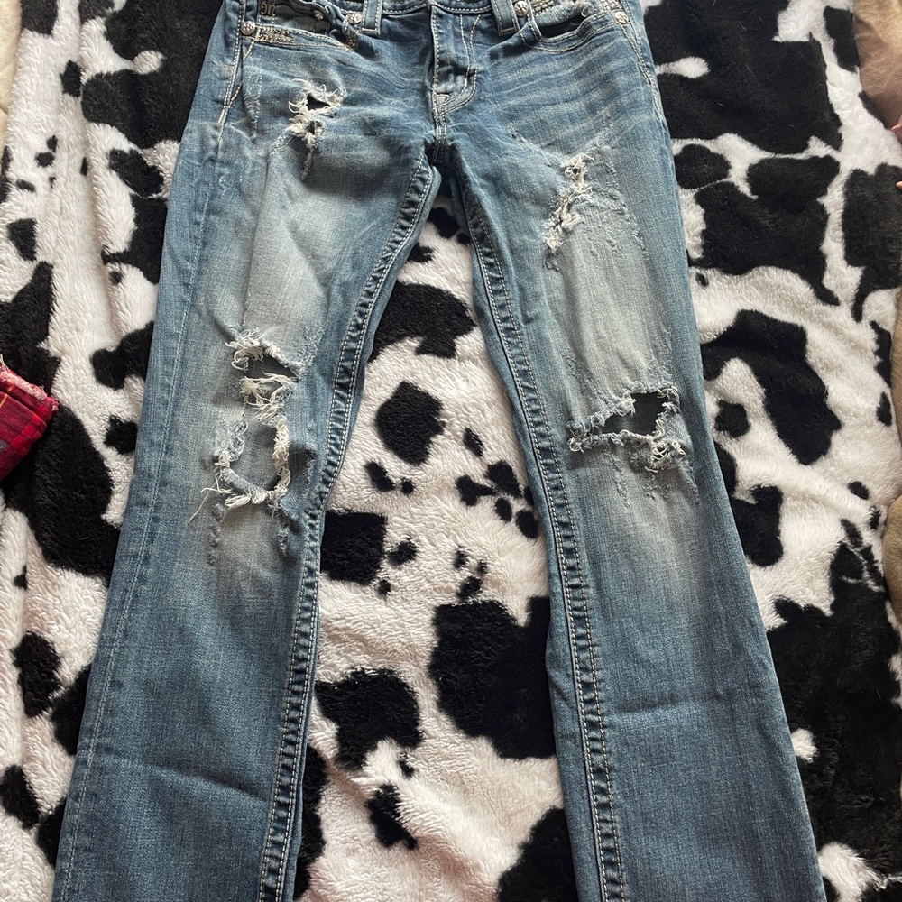 Miss Me Blue Straight Leg Jeans with Distressed Details